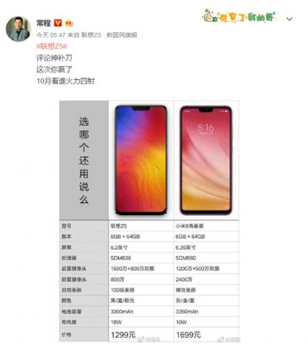 聯(lián)想常程微博懟小米8青春版 有意泄露新機聯(lián)想Z5 Pro搭載四攝攝像頭？