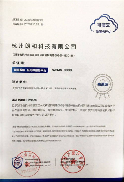 信通院首批微服務分級評估結果公布，網易數(shù)帆輕舟微服務入選先進級