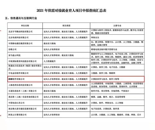 首批項(xiàng)目征集！麒麟軟件入選2021年教育部供需對(duì)接就業(yè)育人項(xiàng)目申報(bào)指南